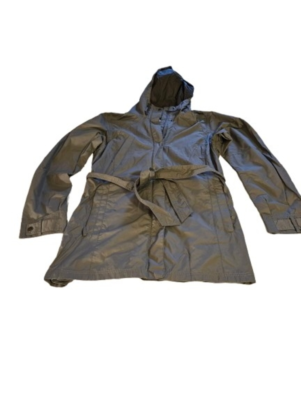 Columbia Pardon My Trench Rain Jacket Womens L Olive Omni-Shield Belted Hooded